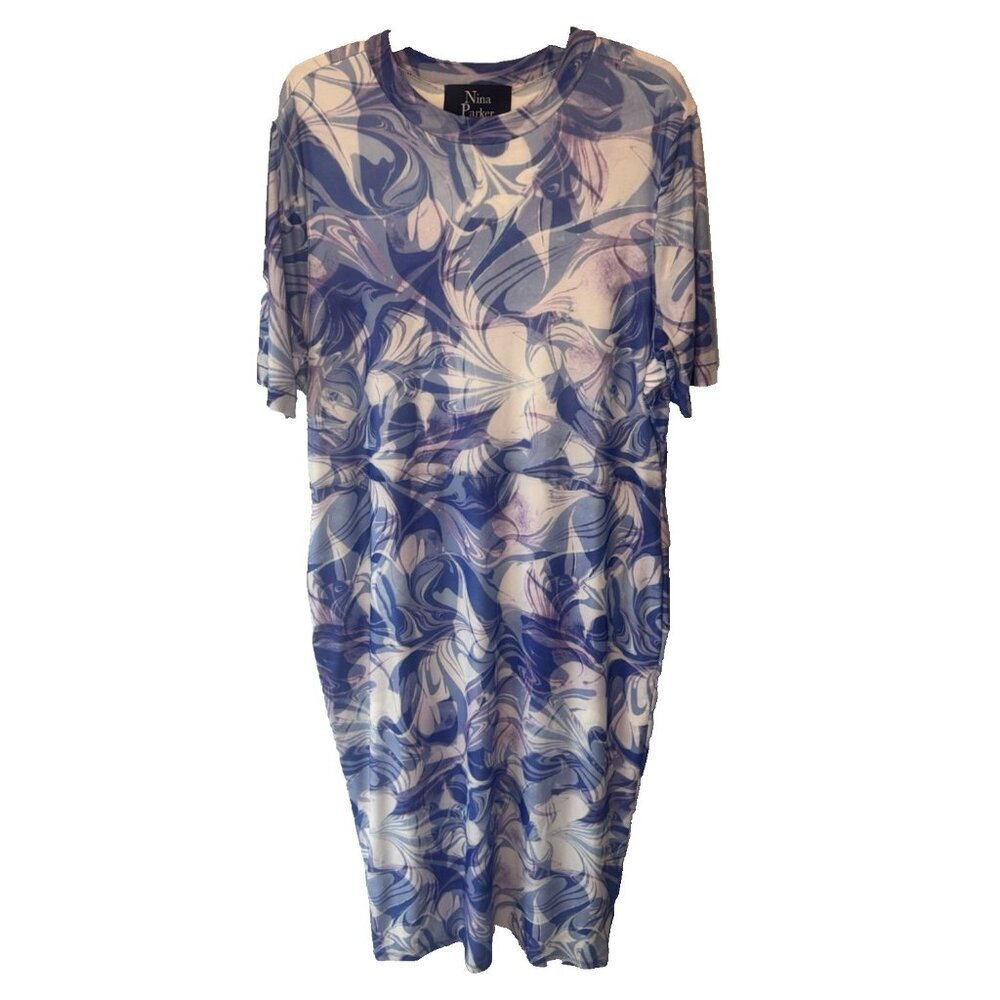 Nina Parker Purple Marble Print Mesh Dress Plus 4X Kaleidoscope Eclectic Stretch